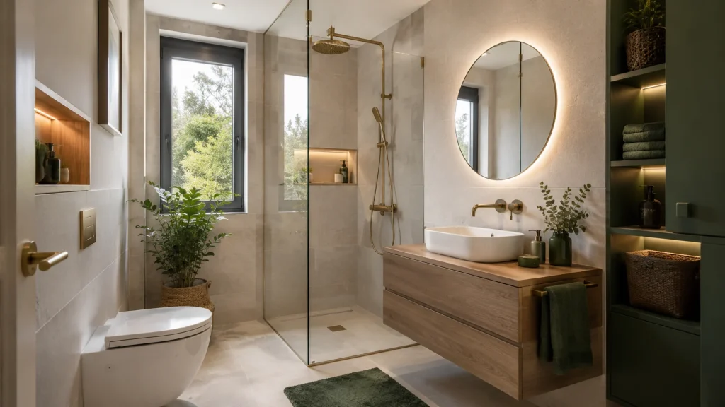 Reforma de baño pequeño en El Escorial con ducha, mueble suspendido y espejo iluminado