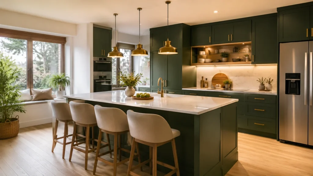 Reforma de cocina en El Escorial con isla central, muebles verdes y encimera clara