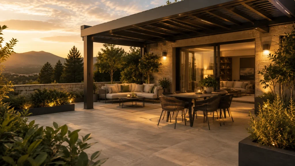 Reforma de terraza exterior en El Escorial con pérgola, iluminación y zona de estar